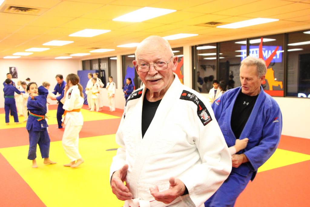 Bob Griechen has been practising judo for 70 years, longer than most of his students at 100 Mile House&rsquo;s Kokoro Judo have been alive. To celebrate his 90th birthday, Griechen taught Kokoro Judo&rsquo;s adult class on Monday, Jan. 26. (Patrick Davies photo - 100 Mile Free Press)