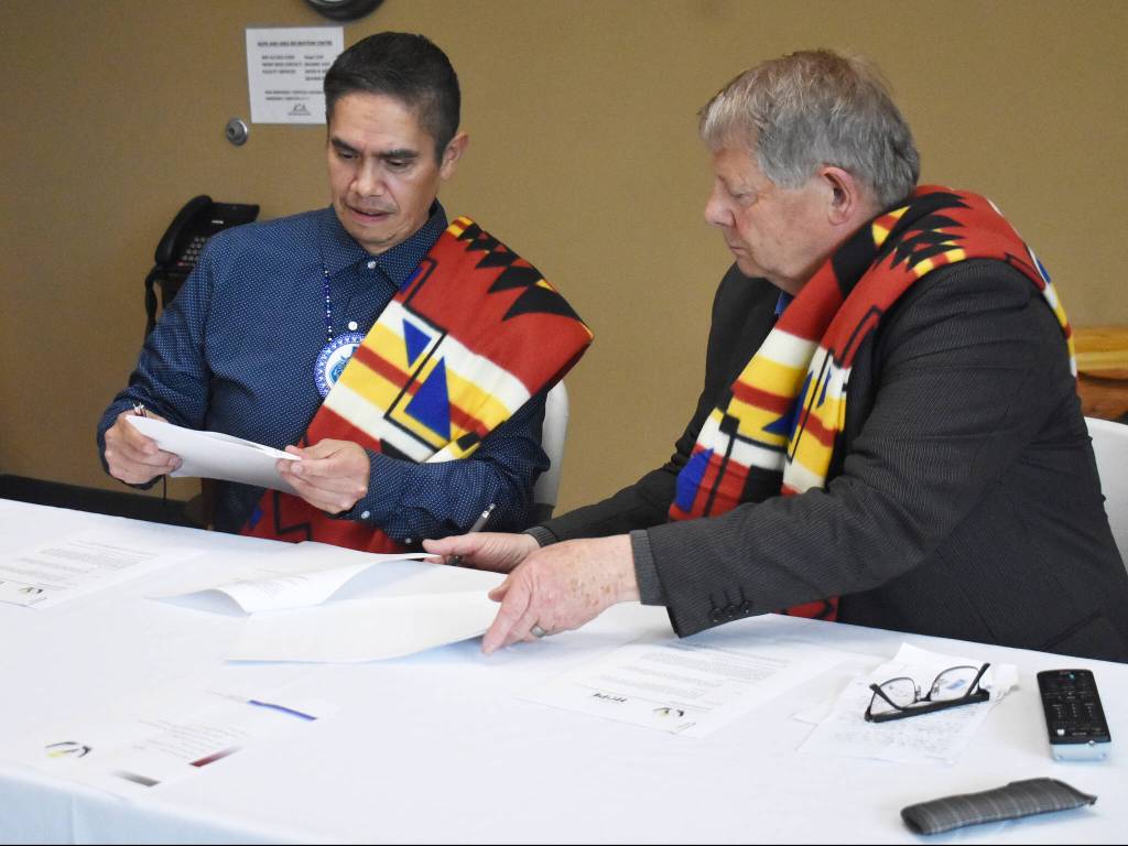 Chawathil First Nation Chief Norman Florence (left) and Hope Mayor Victor Smith (right) signing the MOU agreement in May 2024. A public hearing is taking place on Feb. 9 for residents to give their final thoughts about the draft for the District of Hope&rsquo;s latest OCP. (Kemone Moodley/Hope Standard)