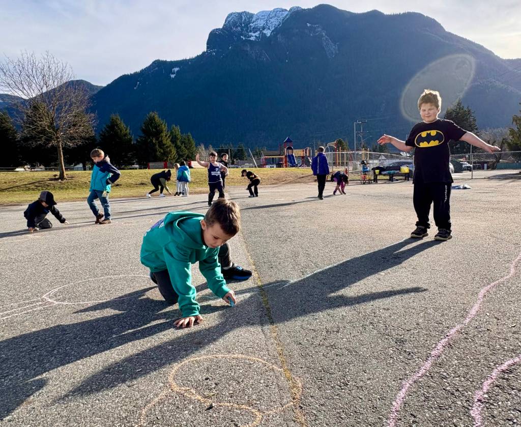 Dustin Neufeld&rsquo;s Grade 1 class at Coquihalla Elementary School learning about the sun and earth&rsquo;s rotation on Feb. 4. Students learned about the earth moving by tracing their shadows and watching it move. (Dustin Neufeld/Submitted)