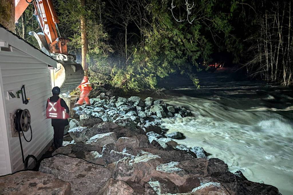 FILE - This file photo is of emergency works by FVRD in December 2025 depicts efforts to protect homes in the Chilliwack River Valley from flooding by adding riprap and other barriers. (Fraser Valley Regional District file)
