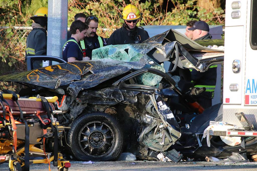 A collision between a panel van and a car at the intersection of 240 St. and 16 Ave. in Langley sent one person to hospital Monday. (1st Due Media/Special to Langley Advance Times)