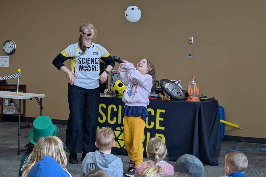 Science World came to the Hope Library on March 17, with a sports and science themed show to entertain and teach kids during spring break. (Pattie Desjardins/Hope Standard)
